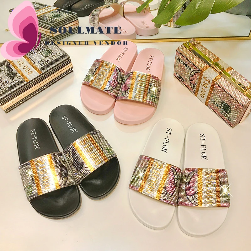 

Money Slipper women beach new summer sandals plus size Rhinestones luxury slides jelly bling diamond women home rivet flat slide