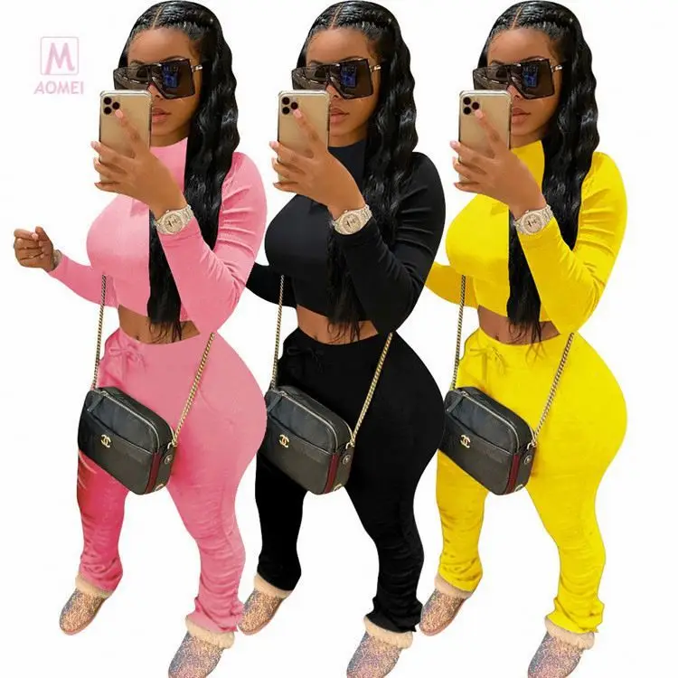 

Ladies Solid Long Sleeve Sexy Crop Top Stacked Pant Draped 2 Pcs Track Suit Outfits Two Piece Set Women Clothing Matching Sets