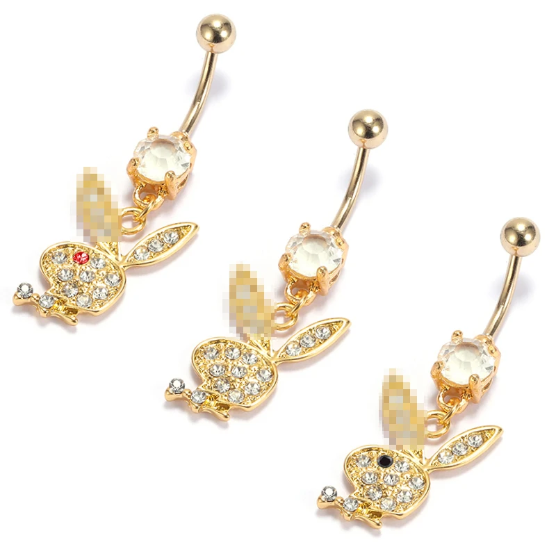 

POENNIS Clear Gem Multipurpose Cute Rabbit Belly Button Ring Navel Belly Rings Gold Animal Dangling Belly Ring