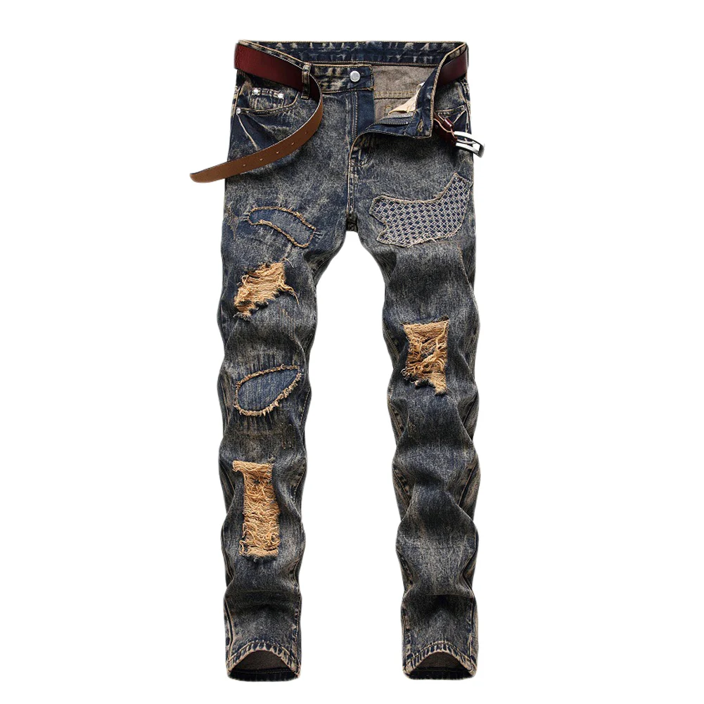 

Men's Ripped Jeans Slim-fit Pants Embroidered Hole Patch Ripped Personality Nostalgic Straight Jeans Unique Design Trousers