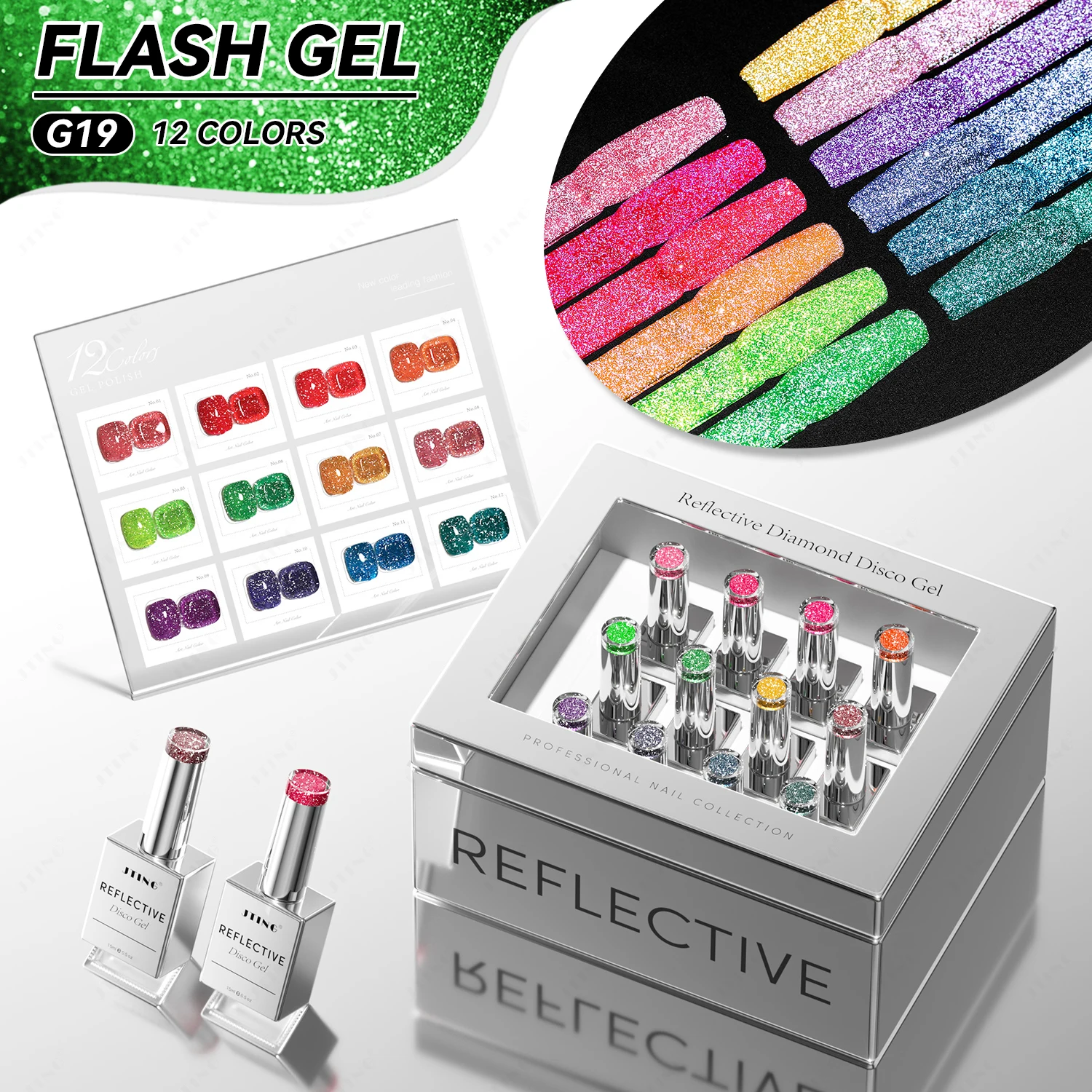 JTING Festival Hot Sale 12colors Reflective Disco Gel Polish Collection Unique Laser Set Box OEM Gel Nail Polish Supplies