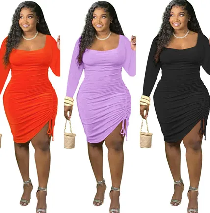

Casual Women Fall Dress U-neck Solid Color Plus Size 3XL Sexy Women Dresses Long Sleeve Single Side Pleated Slim Women Dress, Red,purple,black