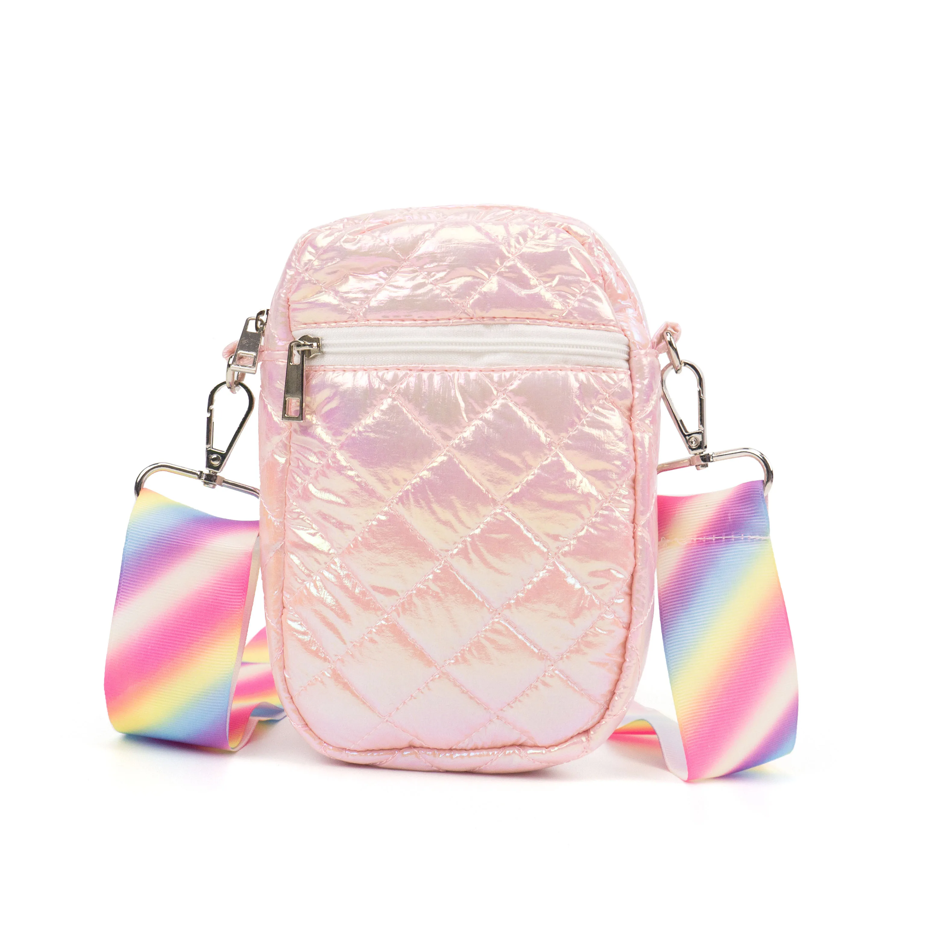 

Popular style custom puffer crossbody luxury shoulder bag factory nylon rainbow lase color phone bag