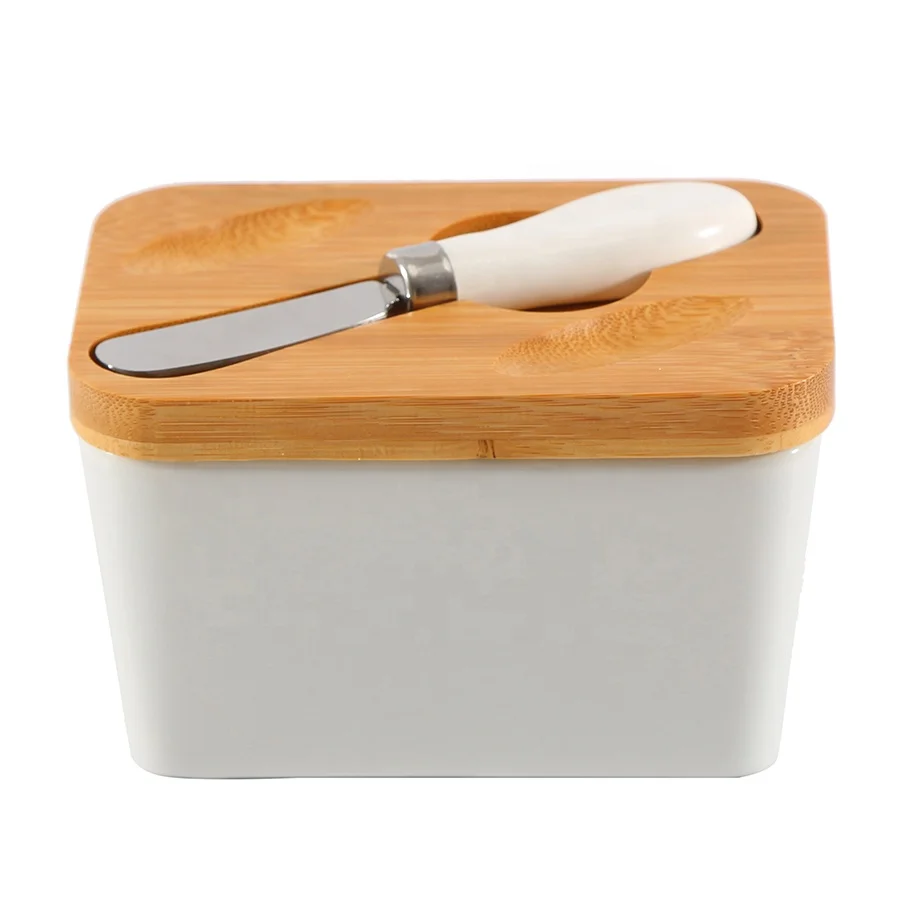 

RTS white rectangle porcelain butter keeper bamboo airtight lid butter box ceramic butter dish with knife, White&customized