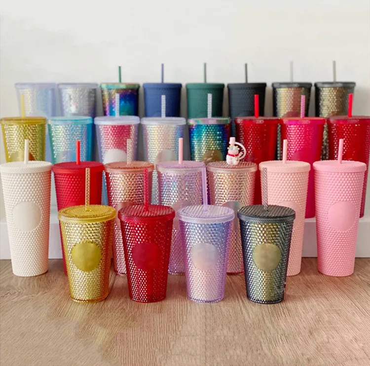 

Plastic 24oz Polygon Pineapple Tumbler Double Wall Matte Plastic Tumbler Pink Studded Grid Collection Cup With Lid Straw, Customized color