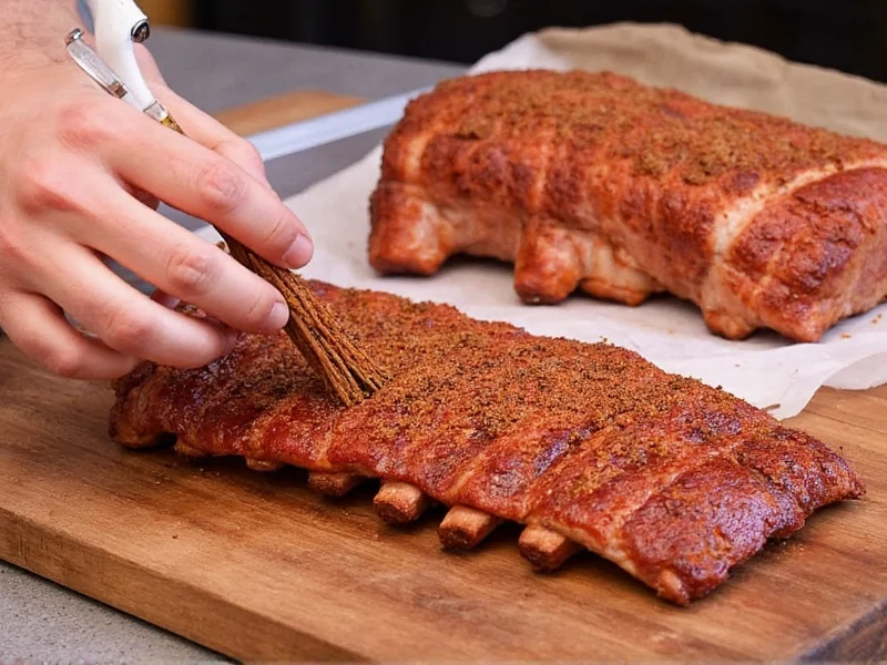 Applying homemade rib rub to pork ribs