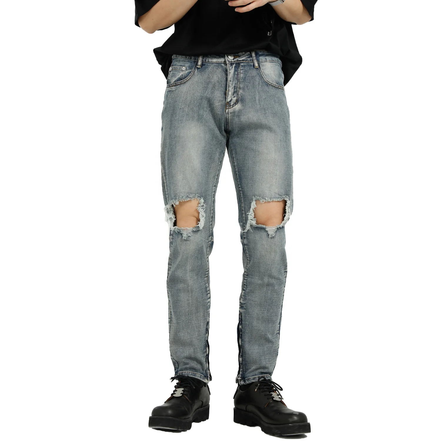 

Customized New Tight Ripped Small Leg Pants Midwaist Men's Jeans, Customized color