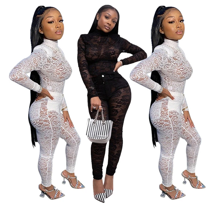

2020 new arrivals sexy long sleeve lace see through women two piece pants set