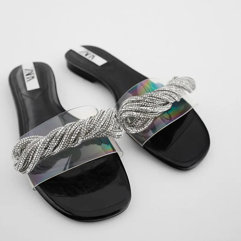 

Brand shoes women flats slippers twisted rhinestone decor clear strap lady slides open toe female mules summer outer wear