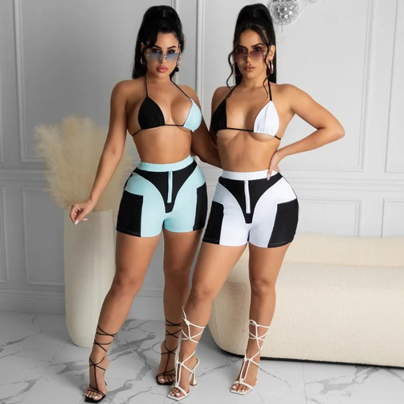 

Summer 2021 Summer New Arrival Three Piece Set Women Clothing Patchwork Contrast color Sexy Bra Three Piece Pants Set Beach Nigh Party