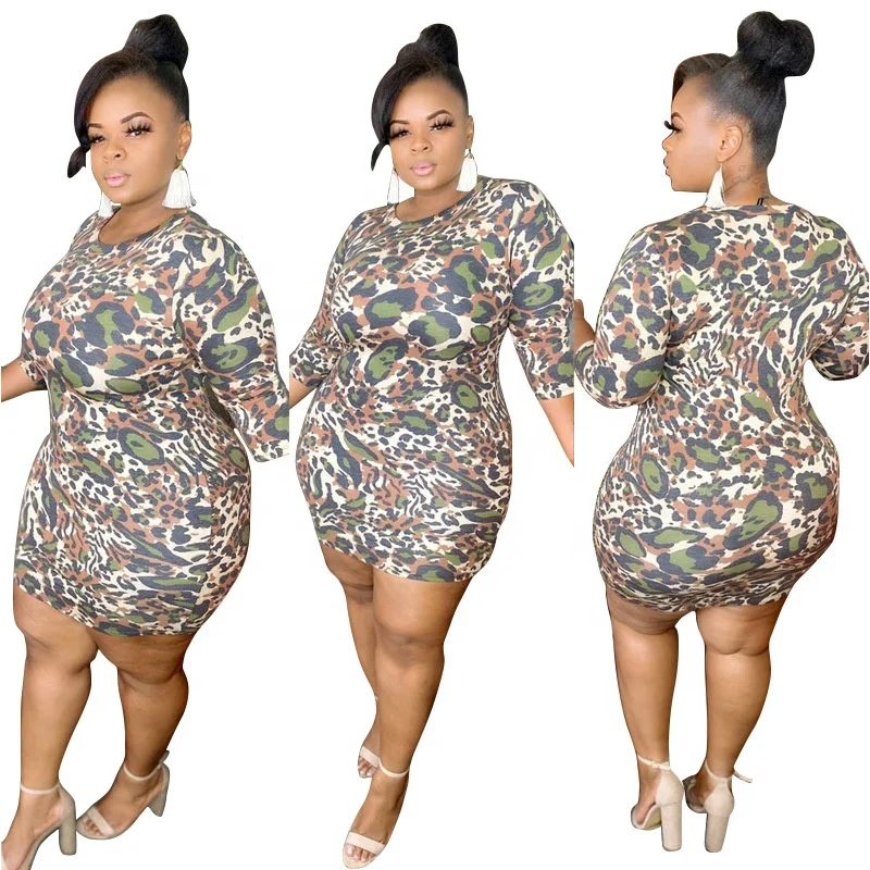 

New leopard print round neck tight-fitting buttocks large size women's dress