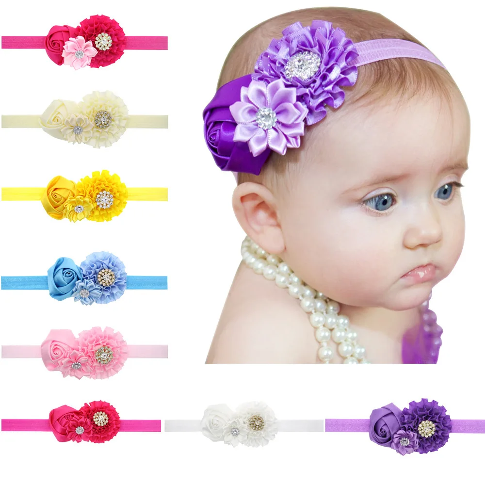 

Beautiful Cute Baby rose flower polygonal rhinestone flower elastic headband Hair accessories hair band for babies