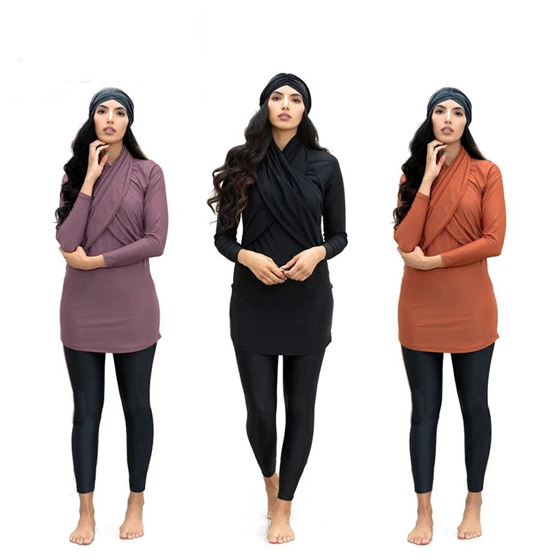 

Muslim Swimwear New Women Modest Patchwork Hijab Long Sleeves Sport Swimsuit 3pcs Islamic Burkinis Wear Bathing Suit 4XL