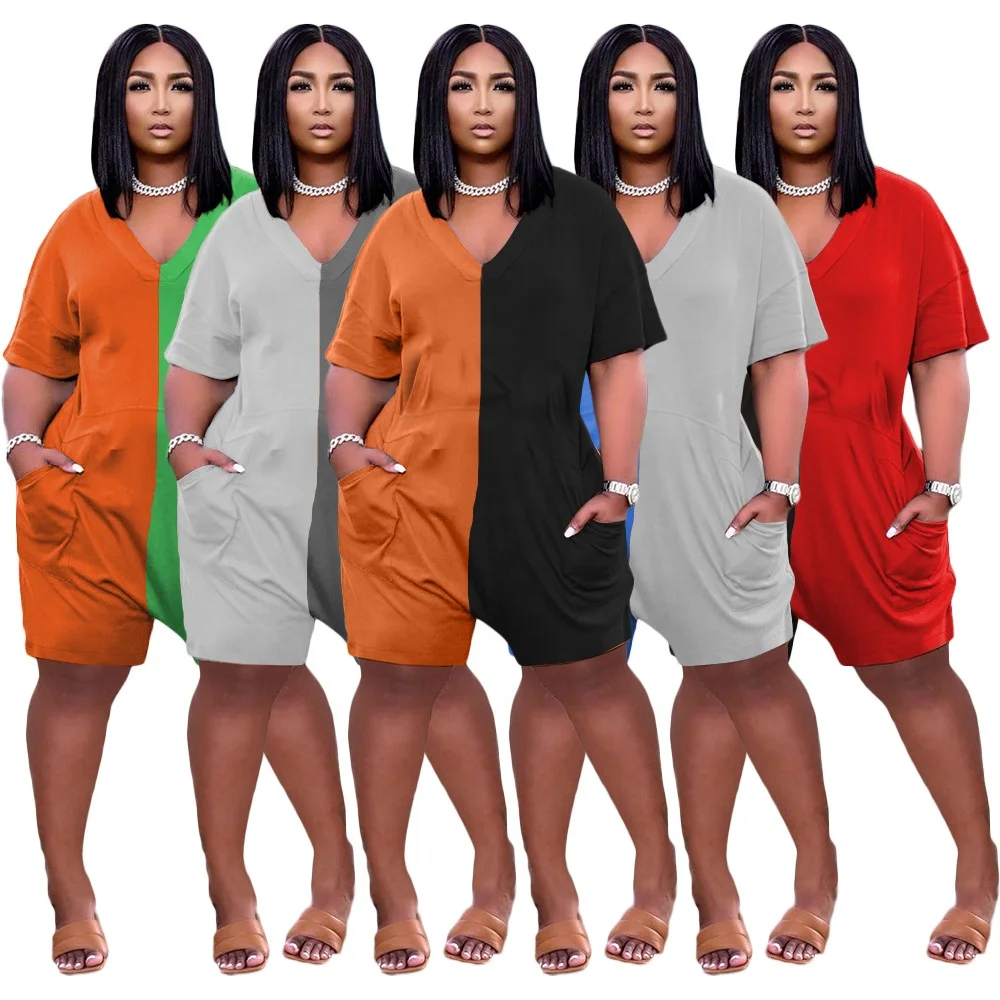 

DLL 2021 Summer newest design casual fashion loose plus size max contrast color patchwork short sleeve One Piece jumpsuit short, As picture or customized make