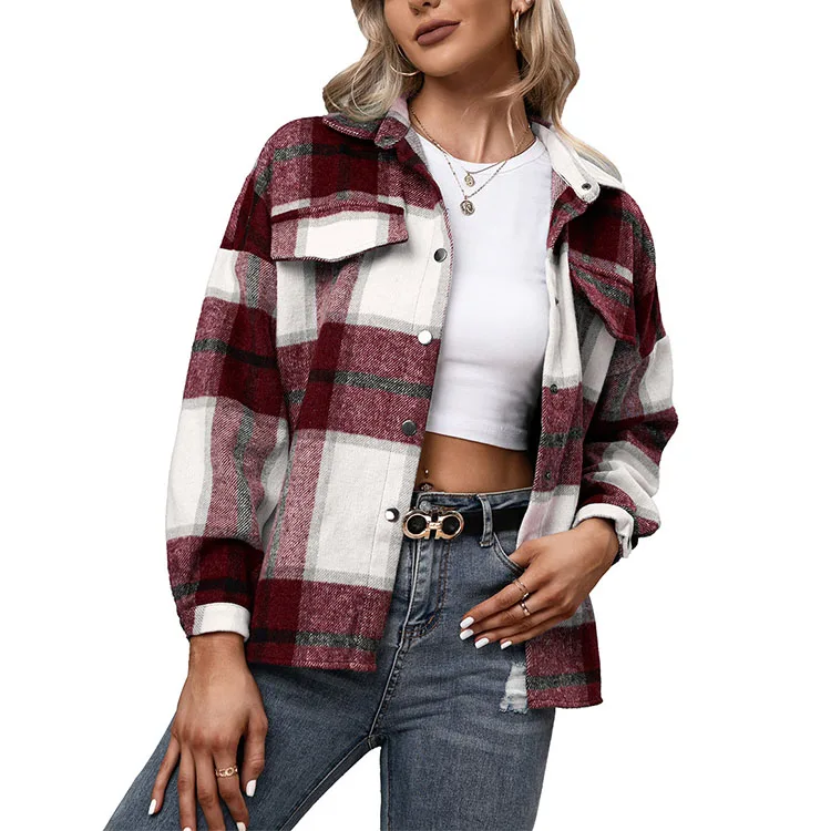 

European and American autumn new fashion ladies casual printed shirt cashmere long-sleeved plaid jacket