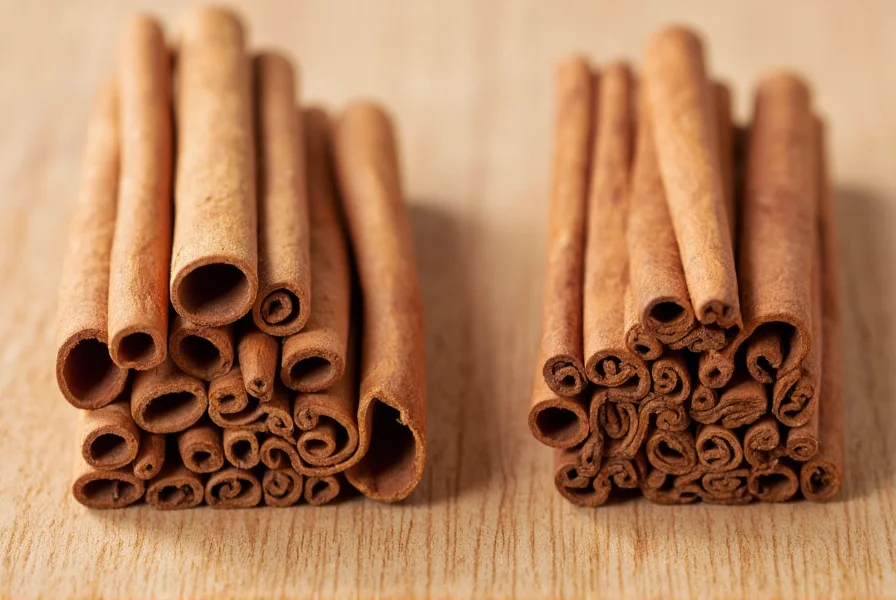 Close-up comparison of Ceylon cinnamon sticks (multiple thin layers) versus Cassia cinnamon sticks (thick single layer) on a wooden background