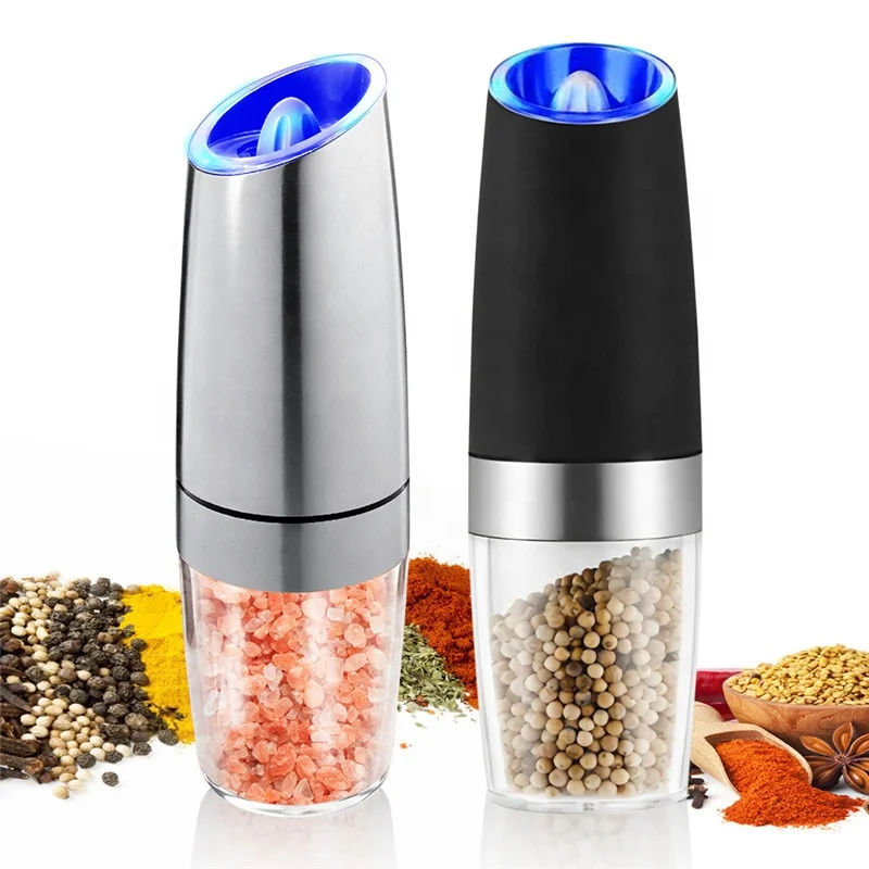 

Automatic Salt Pepper Mill Grinder Spice Grinder With LED Light Kitchen Spice Tools Set for Cooking, Black and silver