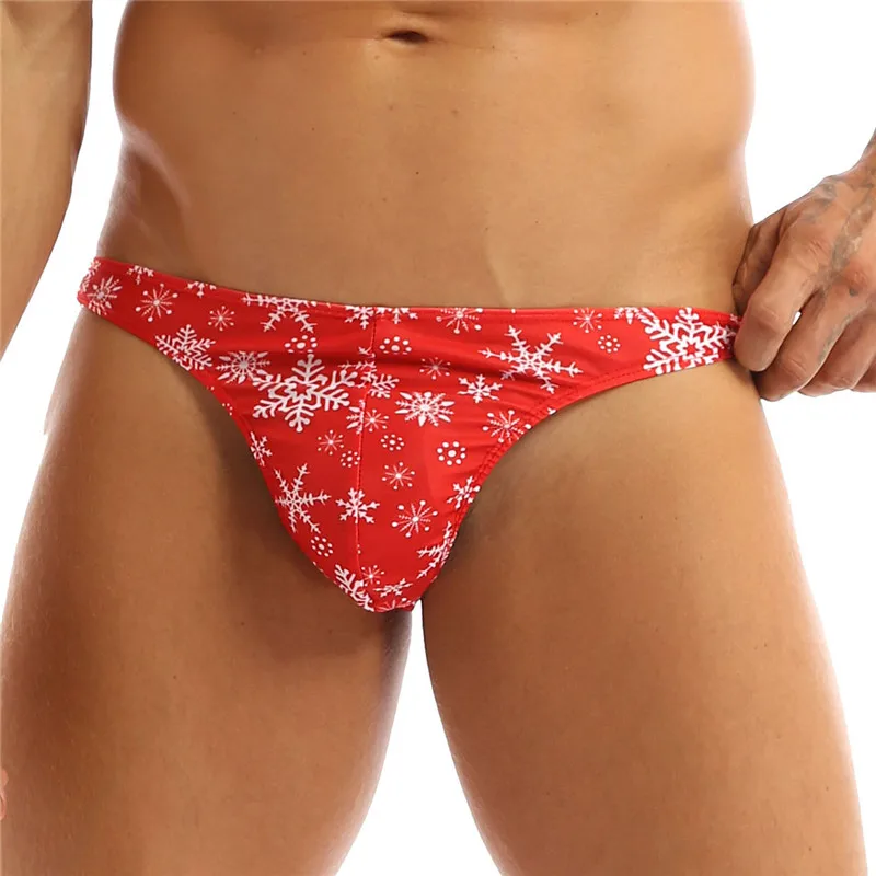 

iEFiEL Christmas Men Thong Underwear Sexy Low Waist Bodysuit Snowflake Printed Pattern Sexy Briefs, Red