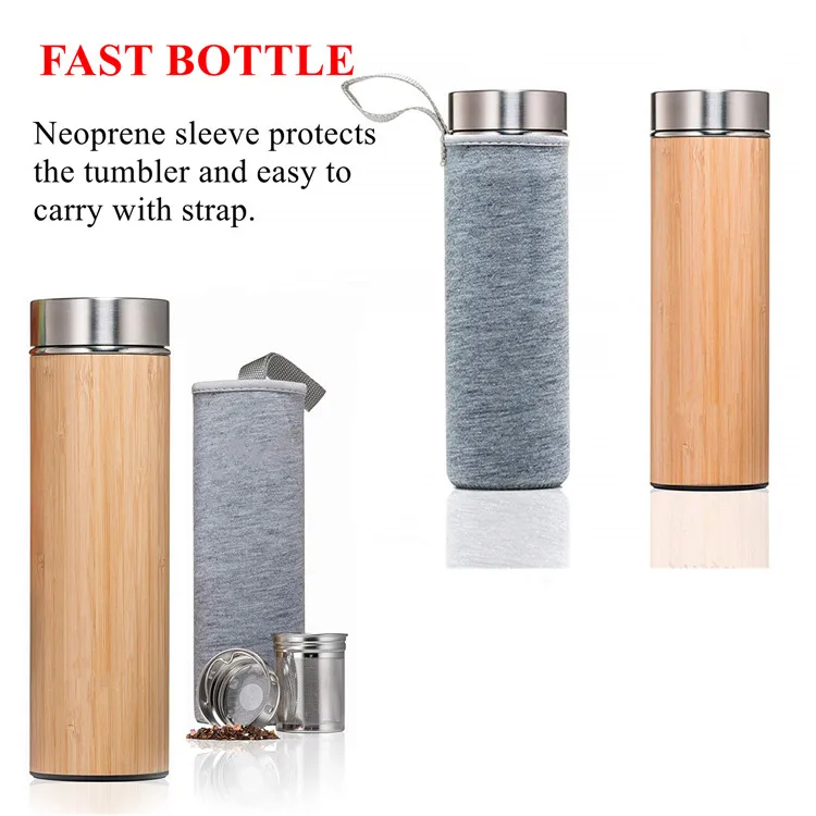 Private Label 500ml Stainless Steel Bamboo Water Bottle 18/8 Bamboo Tea Infuser Bottle Tumbler for Gift