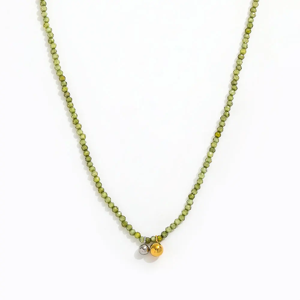 Joolim 18k Gold Plated PVD Dainty Olive Green Zirconia Bead Chain Two-tone Pendant Necklace Stainless Steel Wholesale