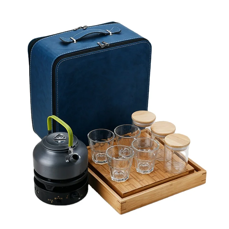 

New design home outdoor camping travel coffee cup jar and bamboo melamine tray set with stove, Orange;light green;blue