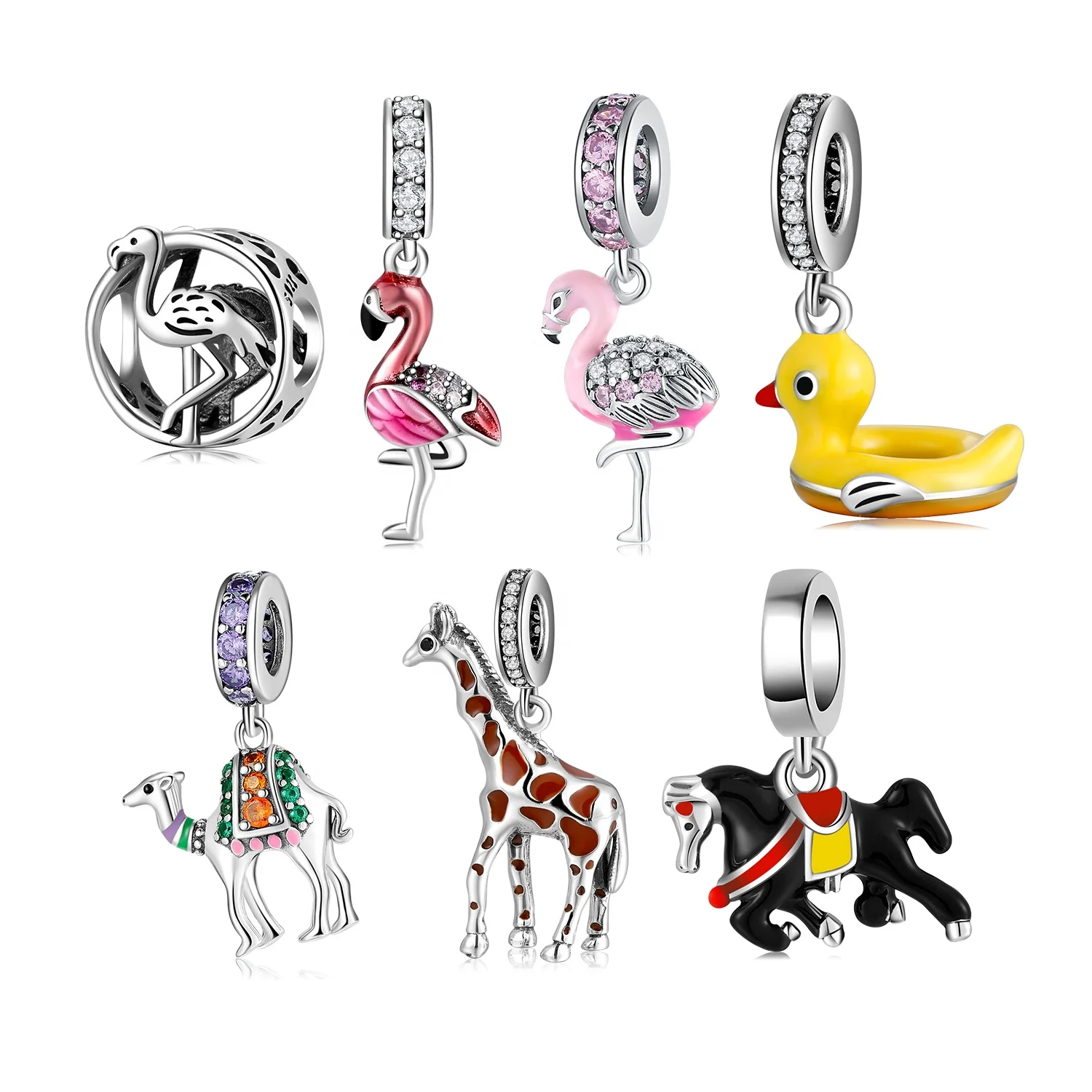 

Real 925 sterling silver Elegent Flamingo Enamel pink with clear zircon fine Pendant Charms for Bracelets jewelry custom logo