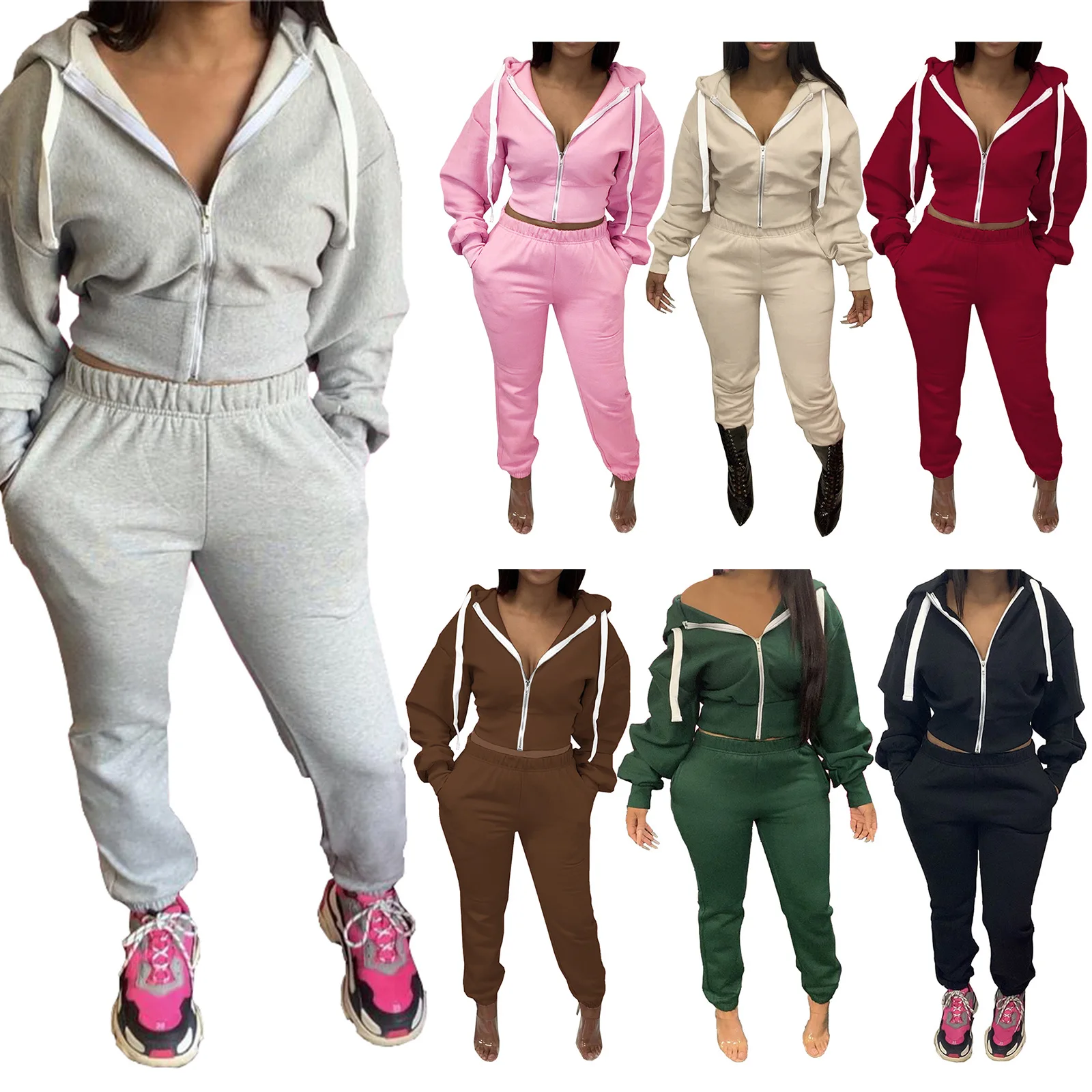 

Cropped Zip Up Hoodie Jogger Sets Wholesale Women Zip Up Hoodies And Sweat Pants Set Womens Two Piece Hoodies With Jogers Set