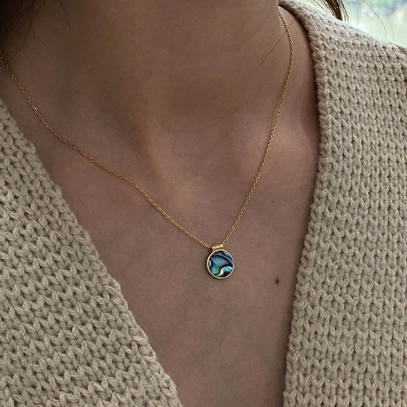 

100% 925 Solid Sterling Silver Abalone Shell Round Necklaces Shiny Blue Thin Gold Chain Necklaces for Women Gifts Jewelry