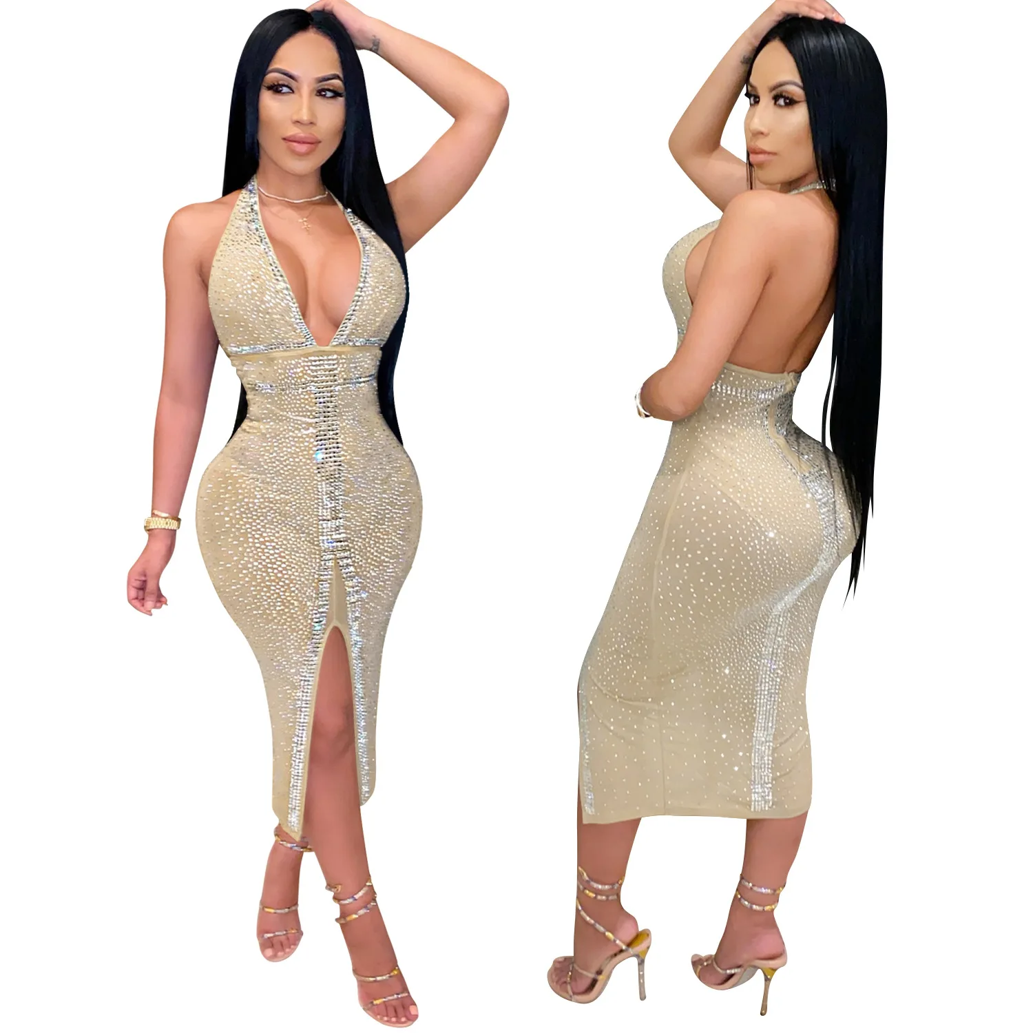 

Hot Sale Summer Mesh Rhinestone Casual Woman Midi Dress Fashion Trend Ladies Fall Night Club Womens Sexy Dresses