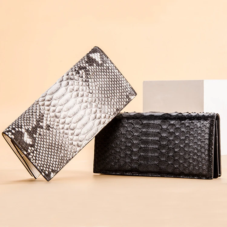 

Handmade women wallet luxury real python skin leather clutch purse folded long wallet for ladies, Black/natural white