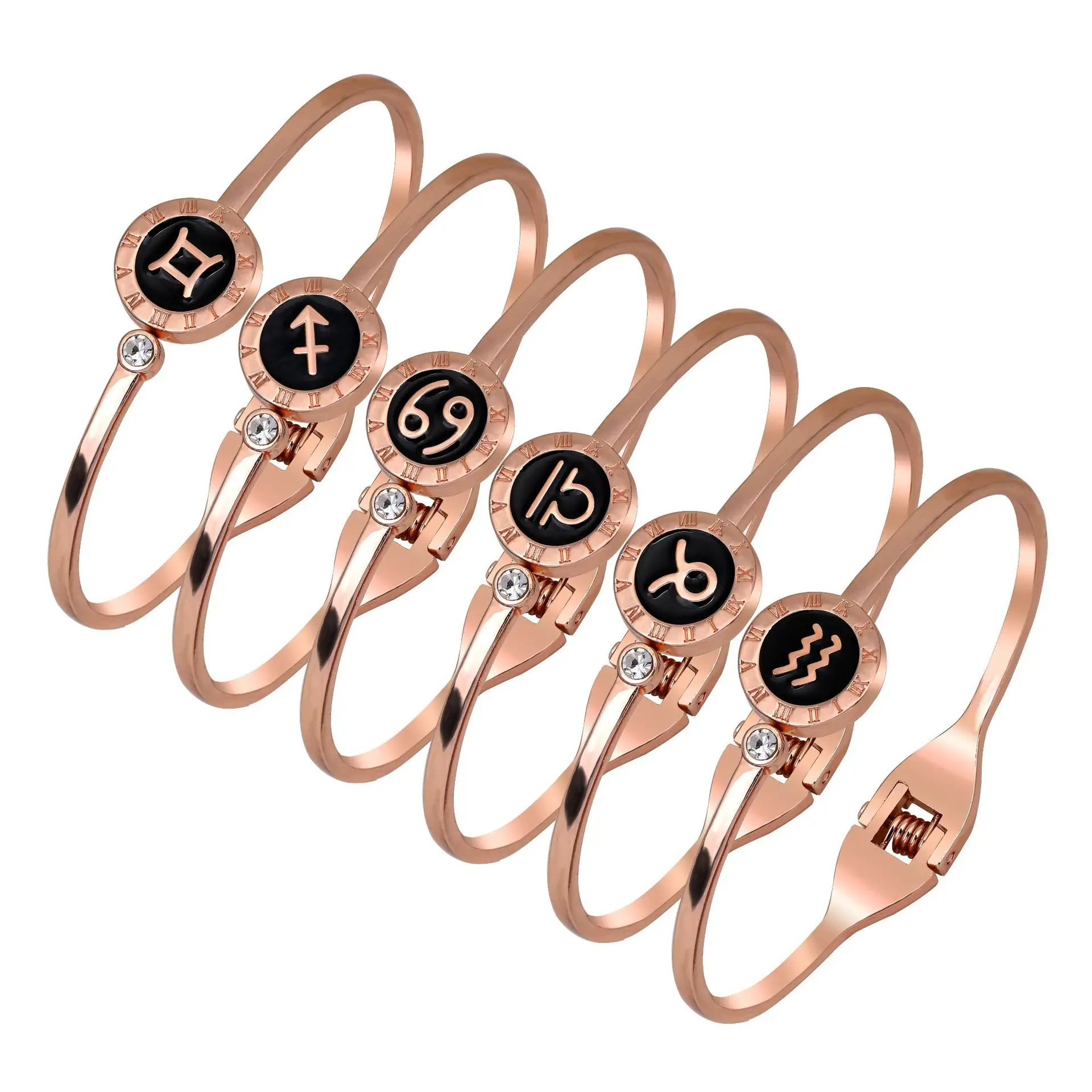 

2021 Amazon popular 12 zodiac signs bangle bracelet rose gold Stainless Steel crystal constellation cuff Bracelet for woman