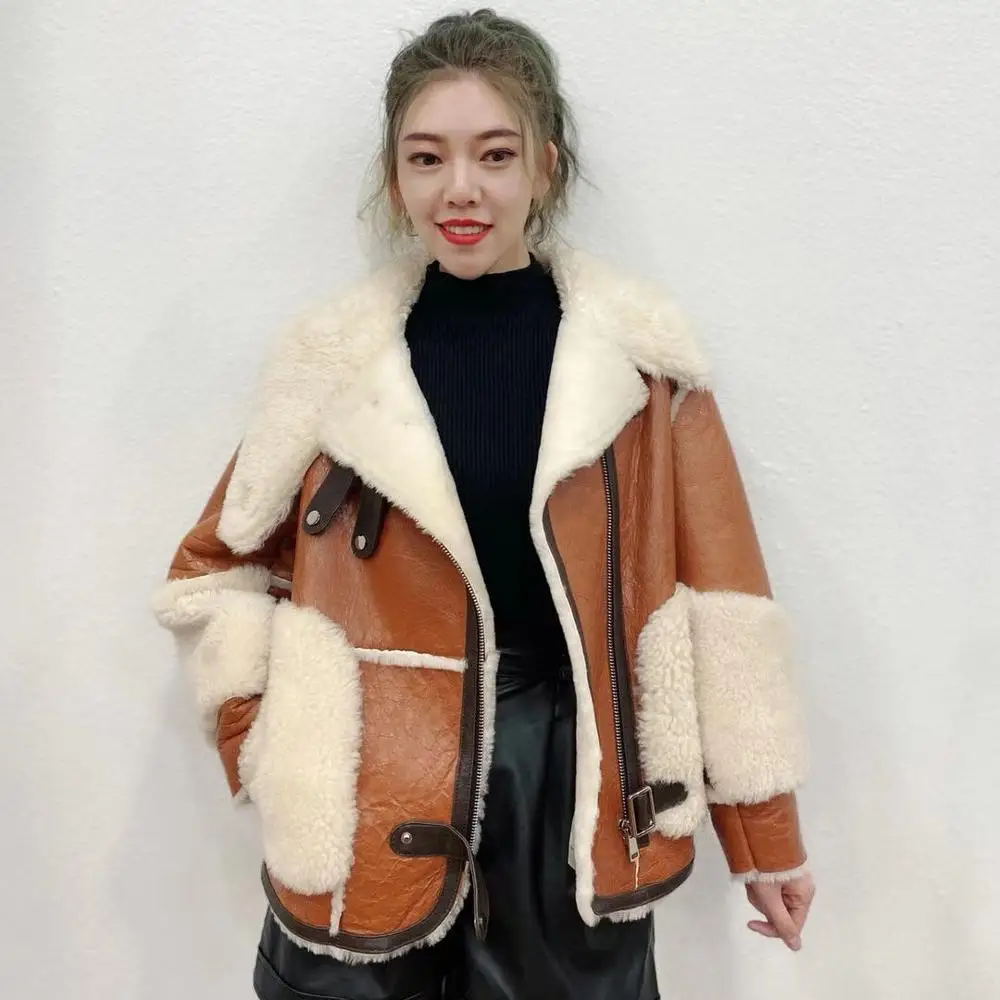 

OEM high street clothes women soft sheepskin motorcycle jacket real lamb skin warm casual coat, Customized color