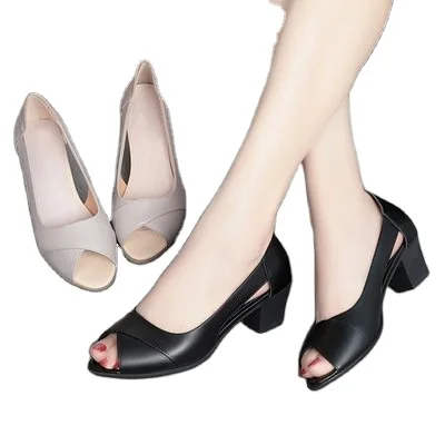 

Summer Leather Women Shoes Comfortable Ladies Mid Heel Sandals Hollow Peep Toe Square Heel Sandals Woman Footwear