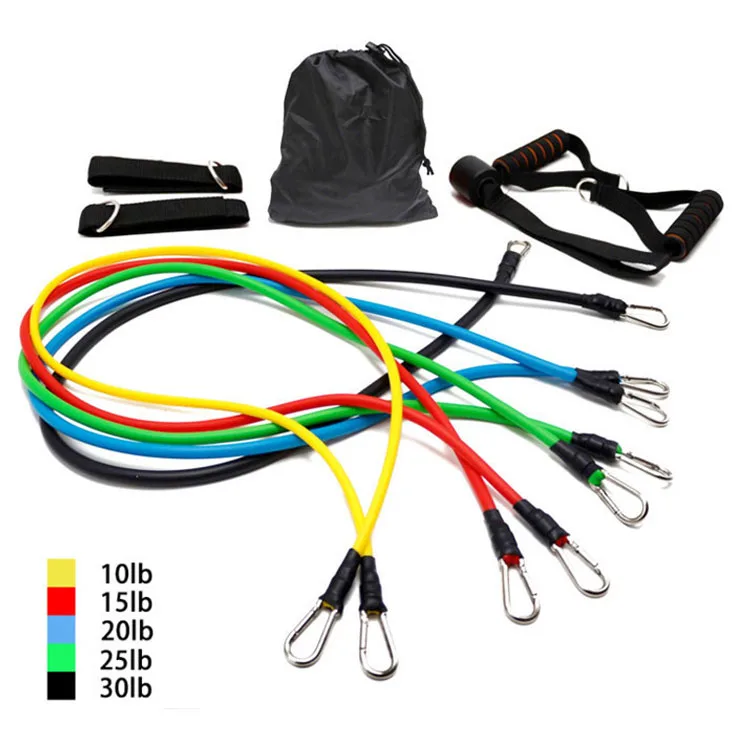 

Custom Logo Durable Elasticity Tpe Latex 150lbs 11 Pcs 11pcs Resistance Bands Tubes Set With Carabiner For Exercise Training, Yellow, red, blue, green, black