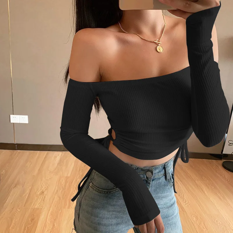 

FS1348D hot sale Fall women Sexy off the shoulder T shirts solid colors tops