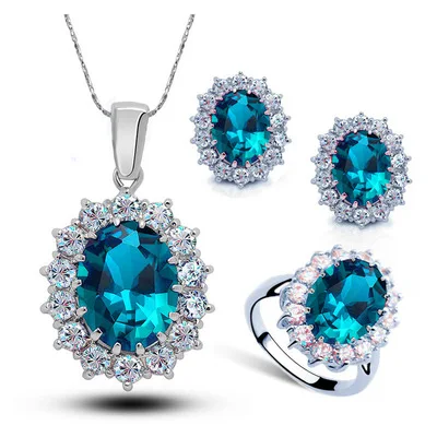 

Jachon 2022 New Arrival Women Multi Colors 925 Sterling Silver Plated Crystal Blue Cubic Zircon Pendant Necklace Jewelry Sets