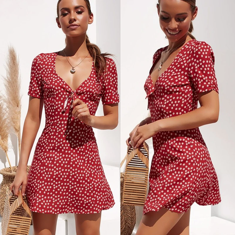 

Fashion Women Short Sleeve Wrap Boho Floral Mini Dress Ladies Summer Holiday Party Sundress Female vestidos