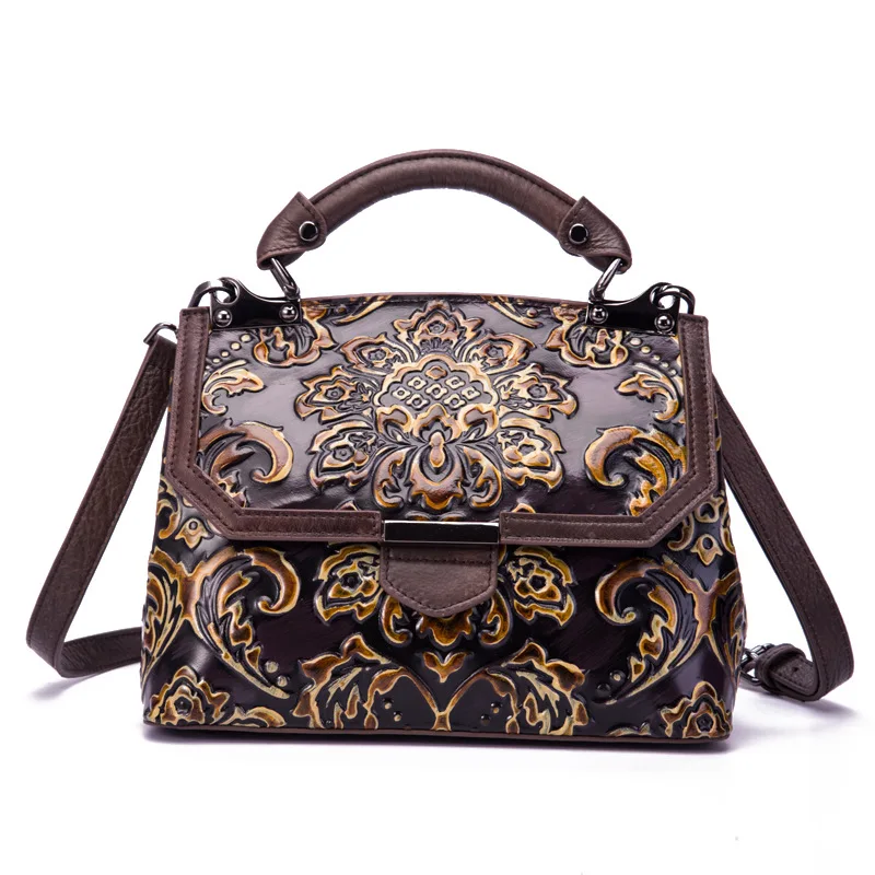 

2019 New Retro Luxury Embossed Paisley First Layer Cowhide Genuine Leather Crossbody Shoulder Messenger Bags for Women, Multicolor