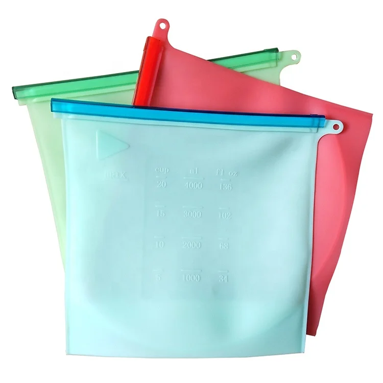 

4000ML Wholesale Ziplock Design Reusable Silicone Food Storage Bag Food Grade Vegetable Storage Bag, Clear,blue,red,green