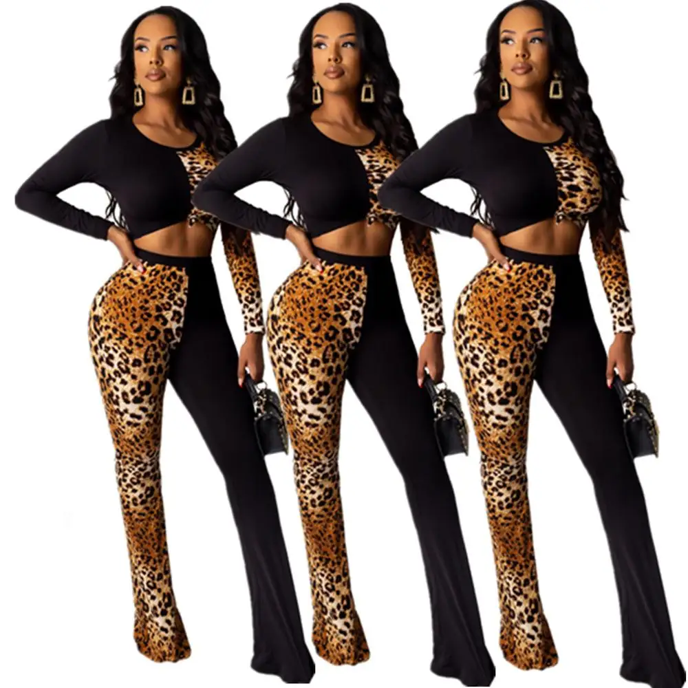 

Sexy woman long sleeve leopard print solid color plus-size suit patchwork night club pants FM-p8441, As pictuer