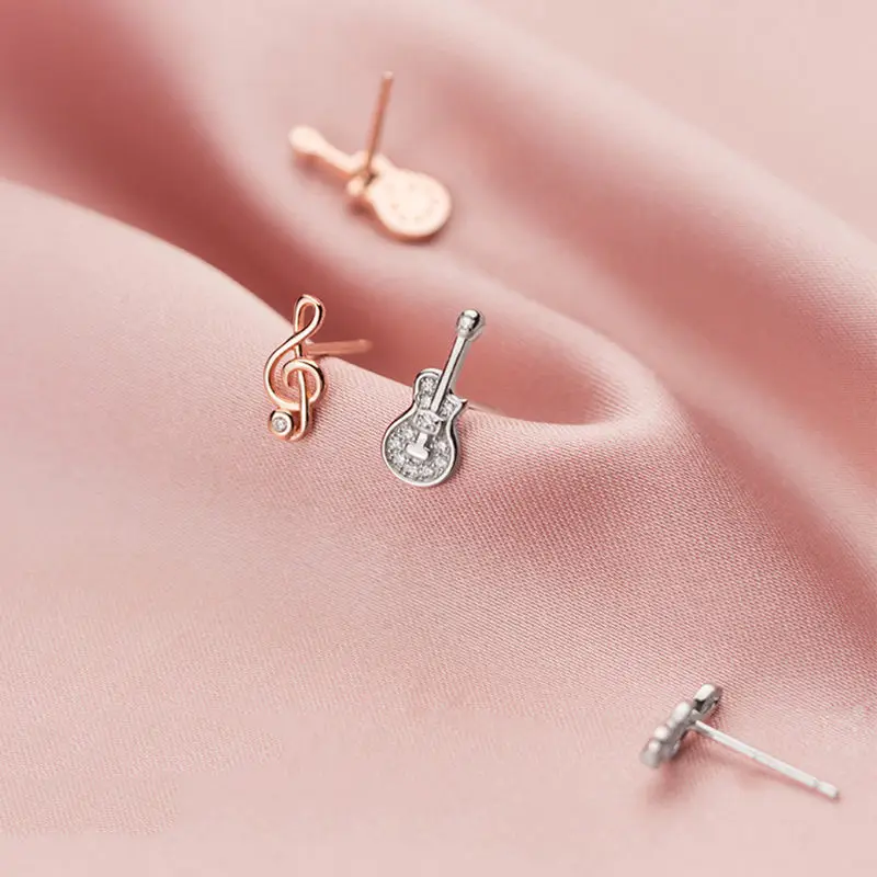 

2021 new 925 sterling silver 18k gold plated cute guitar notes diamond stud earrings women