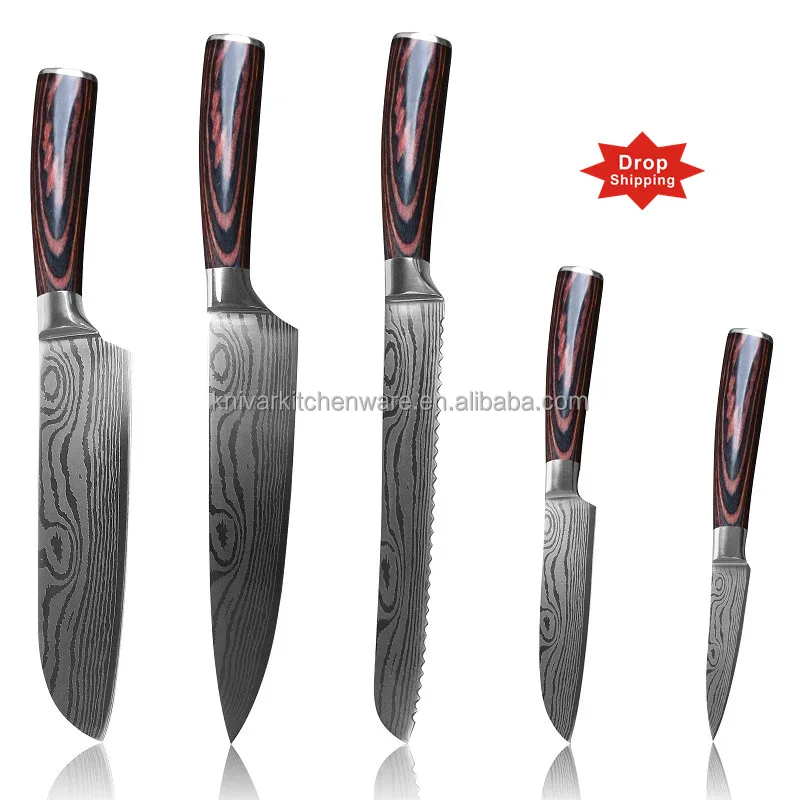 

5 pcs Pakka wood handle meat steak luxury private custom multifunction cleaver outdoor with kitchen japan chefs knife set, Silver