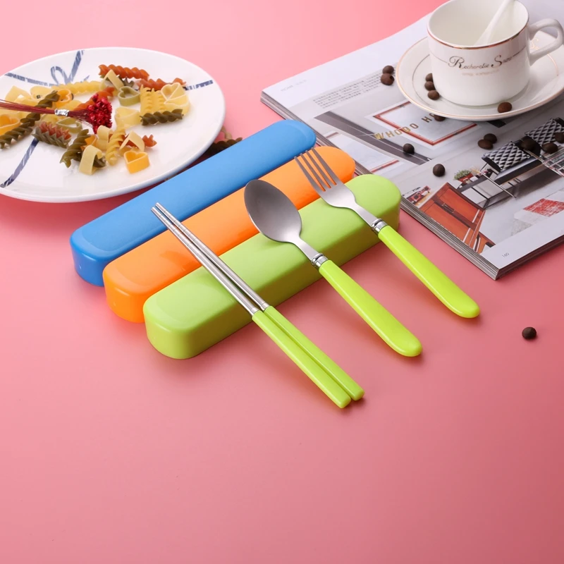 Portable Spoon Fork Chopsticks Set Stainless Steel Cutlery Plastic