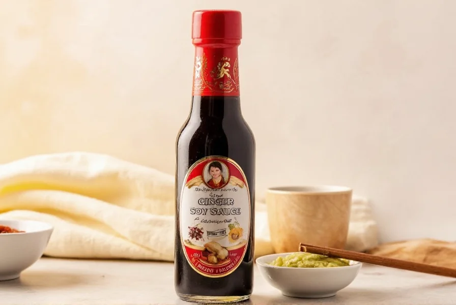 Homemade ginger soy sauce in glass bottle with fresh ginger and soybeans