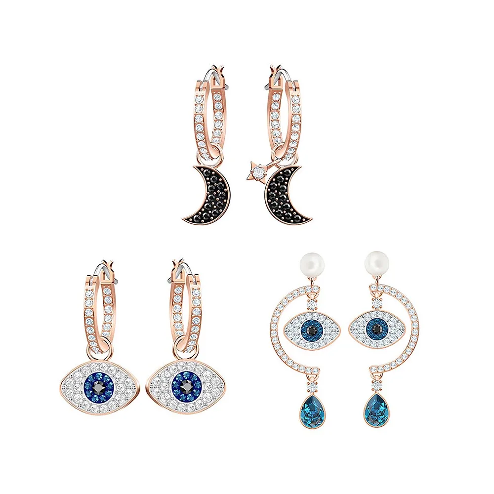 

Amazon New 18k Gold Austrian Rhinestone Moon Hoop Earrings Blue CZ Crystal Evil Eyes Clip Hoop Earrings