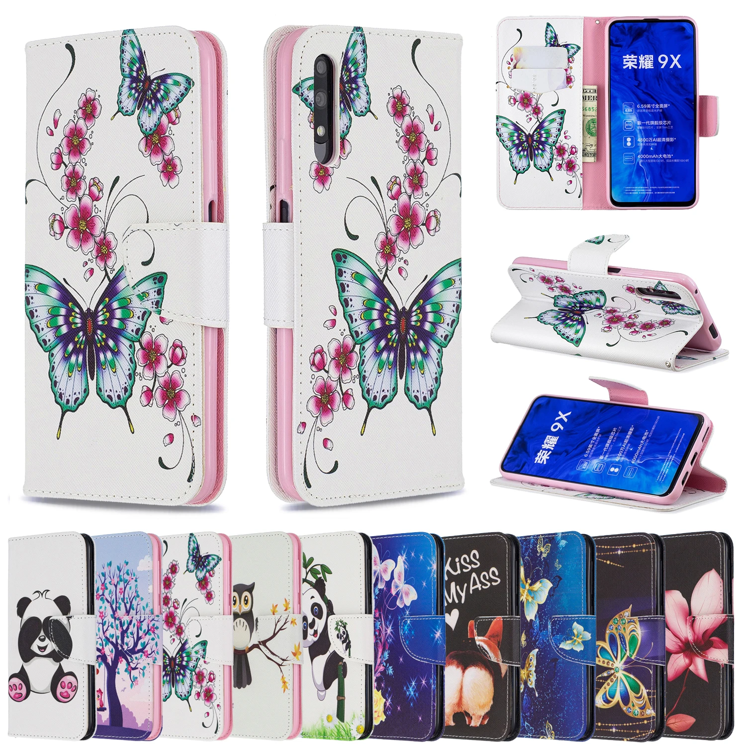 

Wallet Case Flip Leather Cover For Huawei Honor 9X 9 PU Printing Book Case Stand Card Holder Cover
