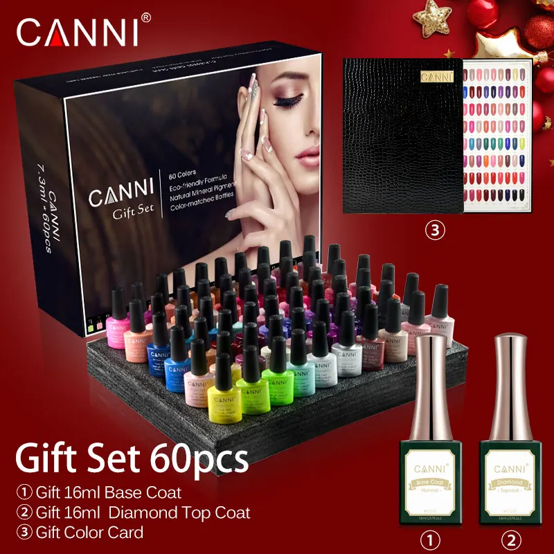 

New CANNI 60*7.3ml uv gel polish kit 2023 hot sale full set with gift water base peel off base coat topcoat uv nail gel polish