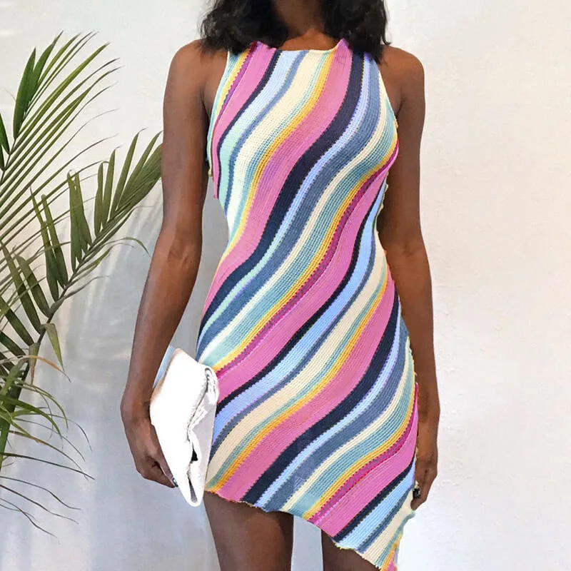 

2021 3 Colors Round Neck Striped Women Sleeveless Casual Summer Irregular Dresses, Picture
