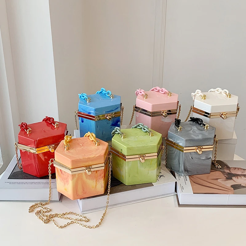 

Custom New Acrylic Handbag Women Candy Color Pvc Hard Box Bag Elegant Lady Chains Clutch Purse, White pink red