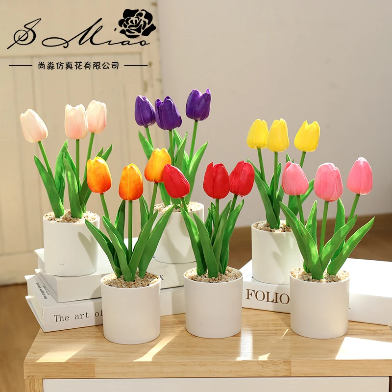 

Home New Chinese Style Artificial Three Heads PU Tulip Bonsai Decoration Office Plastic Green Plant Bonsai Simulation